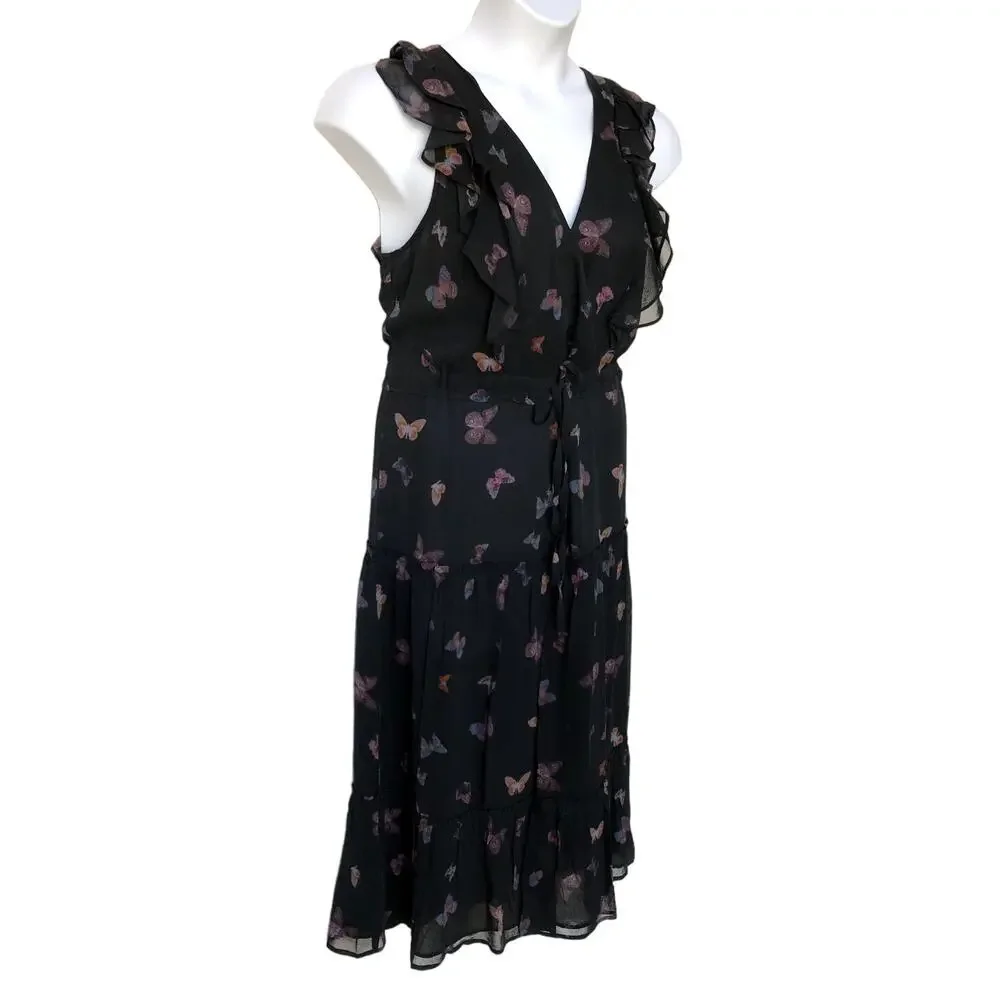 NWT Paige Black Butterfly Print Silk "Basil" Dress with Drawstring Waist size L - Picture 2 of 9